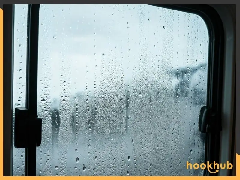 Condensates forming on an RV window with water droplets