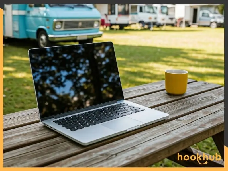 Laptop on picnic table at RV campground