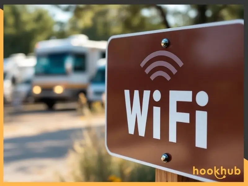 RV at a campground with a free Wi-Fi signage