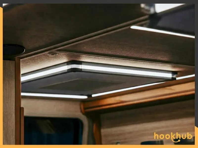 RV interior with LED light mounted on the ceiling