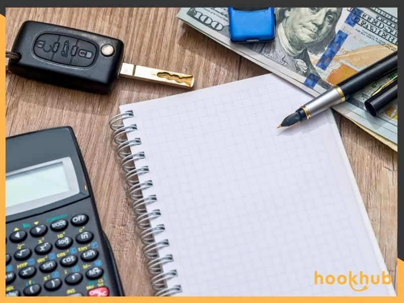 RV key, calculator, pen, and notebook on the desk