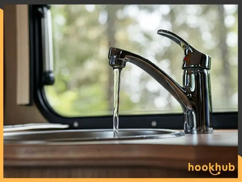 Running water in an RV faucet during sanitization