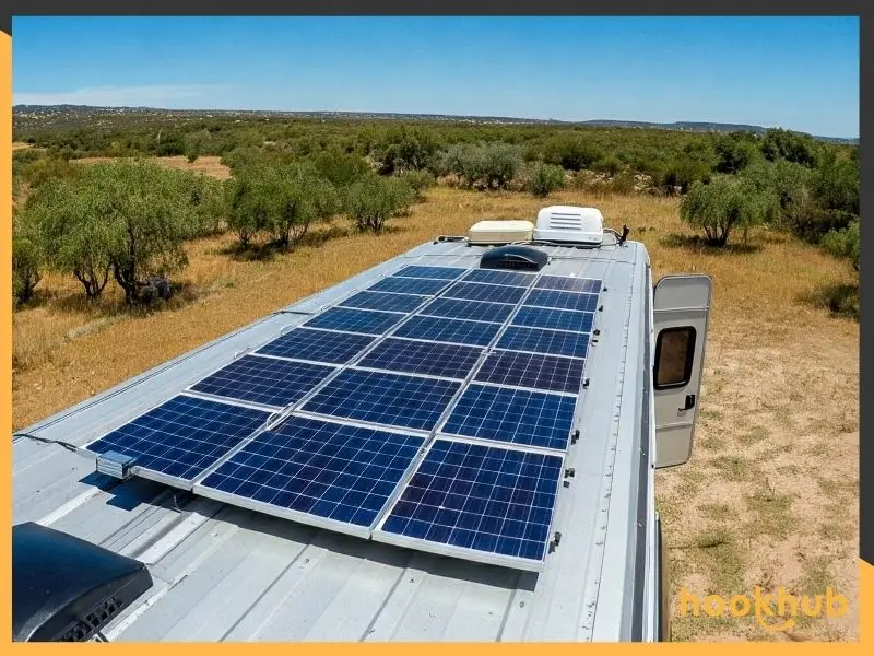 Solar panels mounted on the roof of an RV