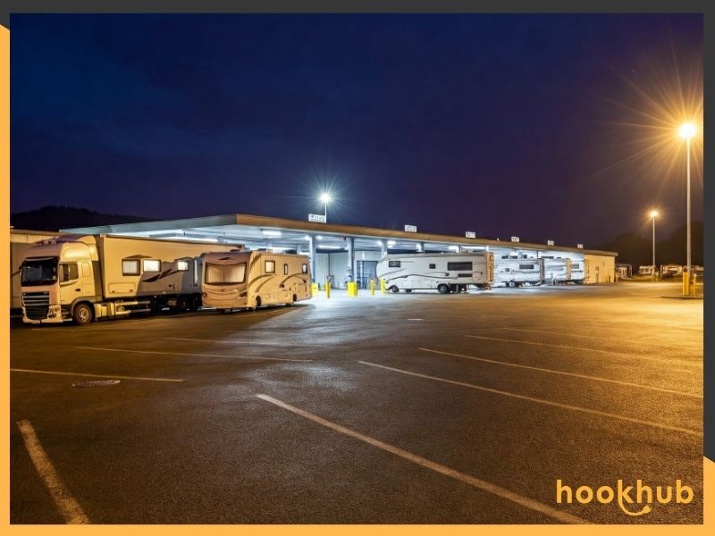 Truck stop with designated RV parking spot