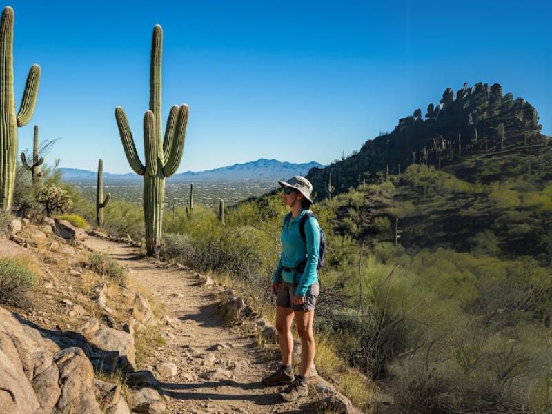 A hiker admiring the view from a trail in Saguaro National Park