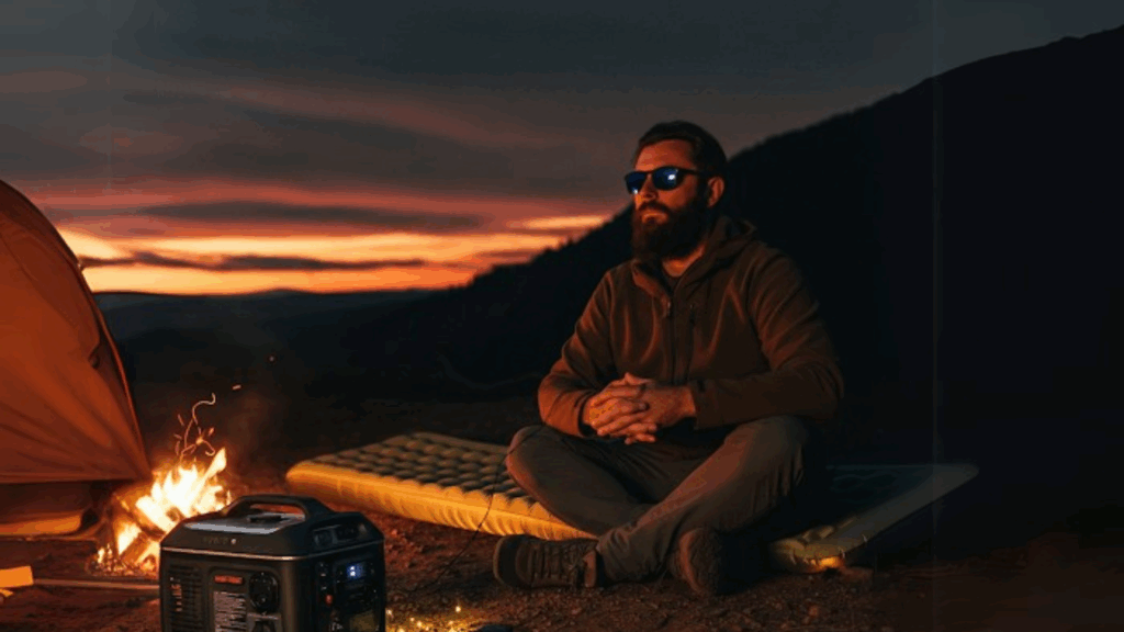 person camping at night, sitting by a campfire