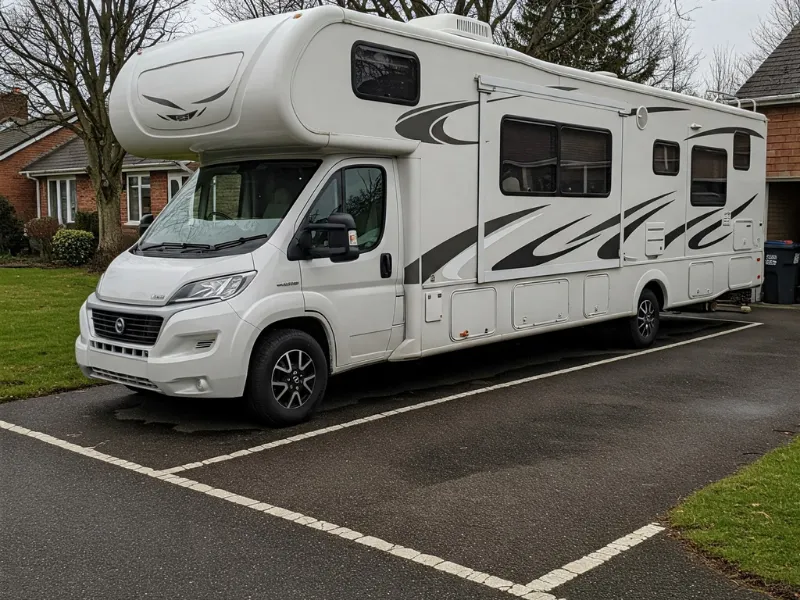 RV parked neatly in a designated driveway spot