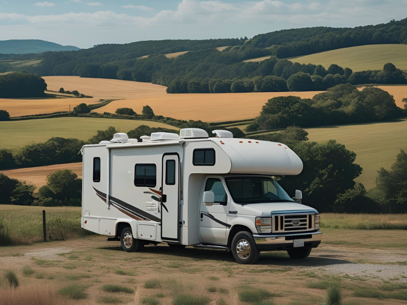 RV parked on a scenic rural land with mountain views