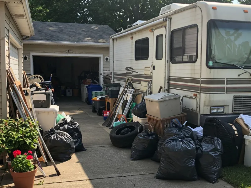 RV with clutter in driveway