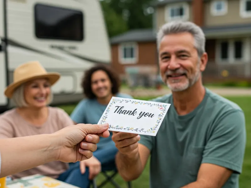 RVer giving a thank-you card to a host